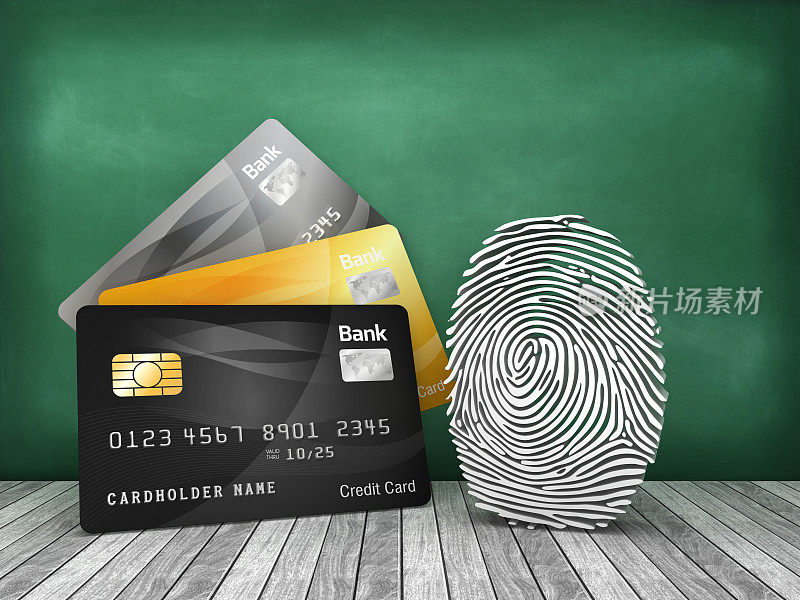 信用卡与指纹在黑板上- 3D渲染